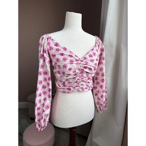 Zara Floral Ruched Crop Top Pink Cream Long Sleeve Cottagecore Blouse Size S